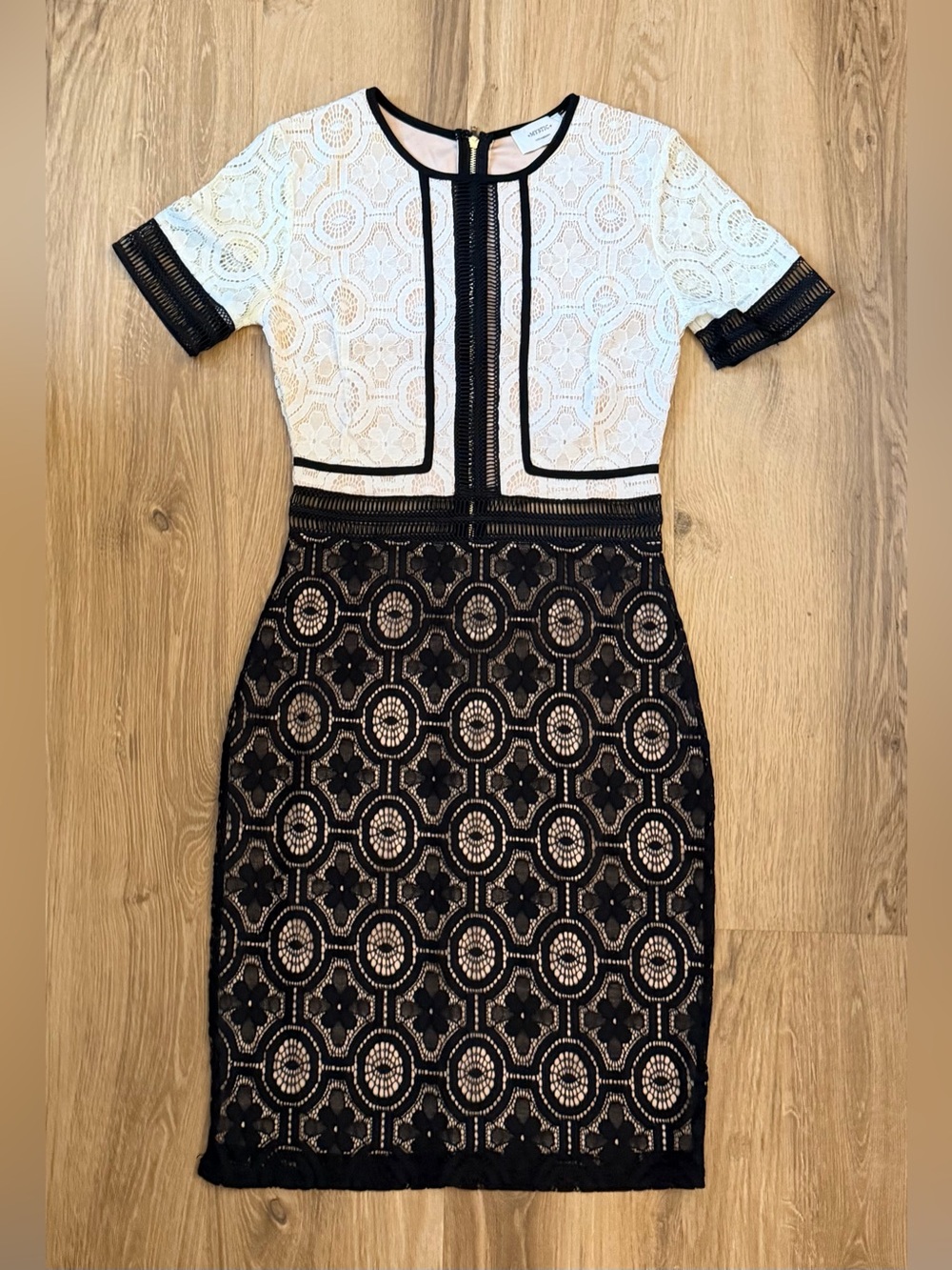 Mystic White and Black Lace Midi Sheath Dress